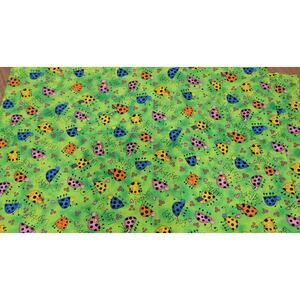 Green Fabric With Colorful Rainbow Beetle Ladybugs 1 Yard Cotton Fabric